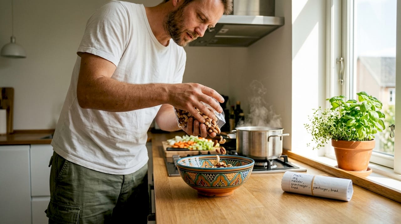 En mand står i køkkenet og laver sunde snacks