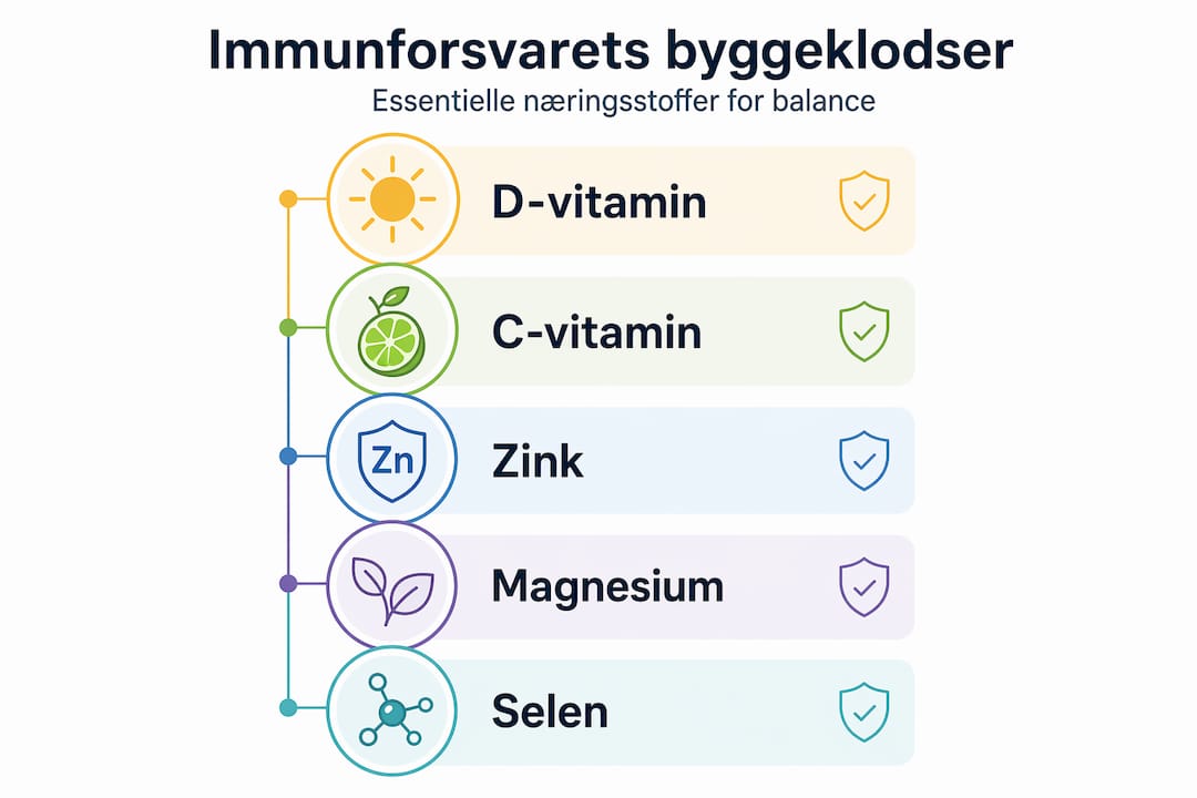 Infografik: De vigtigste næringsstoffer for et stærkt immunforsvar – fra top til bund
