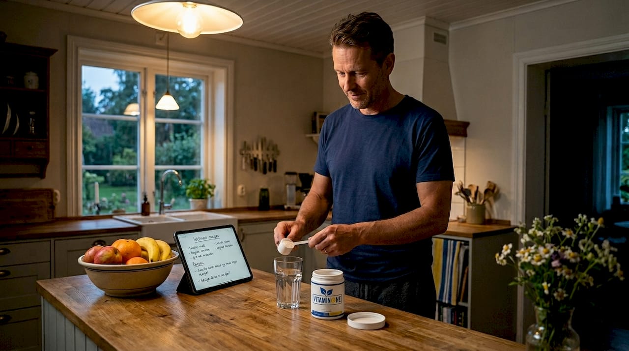 En man blandar magnesium i köket innan han ska gå och lägga sig.