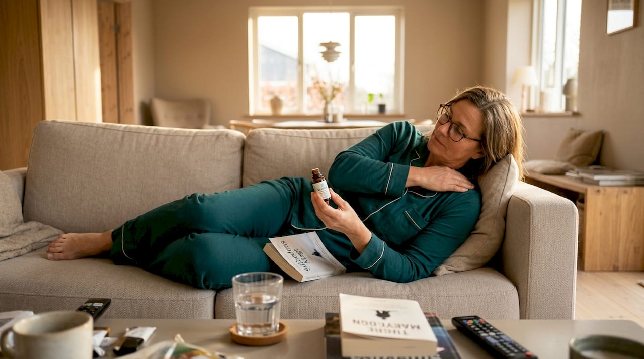 En kvinde sidder hjemme i sin hyggelige stue og bruger CBD-olie