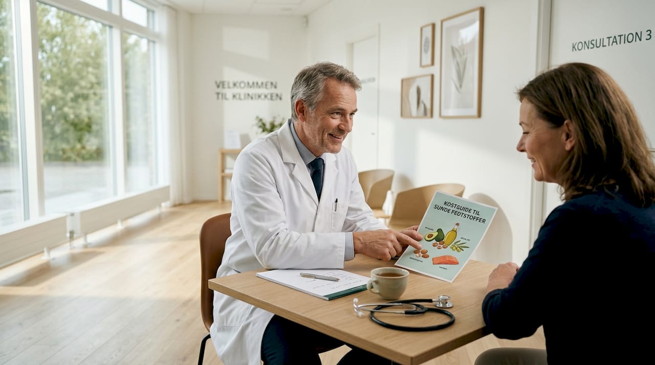 Lægen og patienten har en samtale om kost og sunde madvaner.