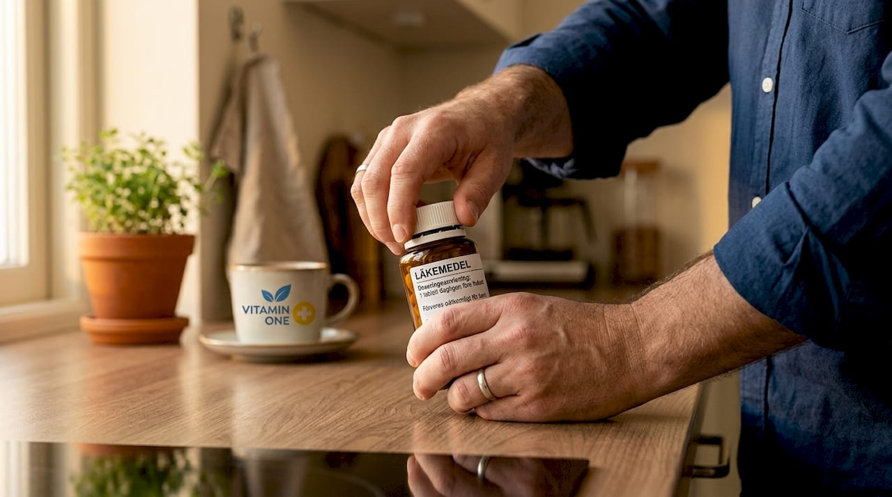 En man skruvar upp ett melatoninburk på badrumshyllan.
