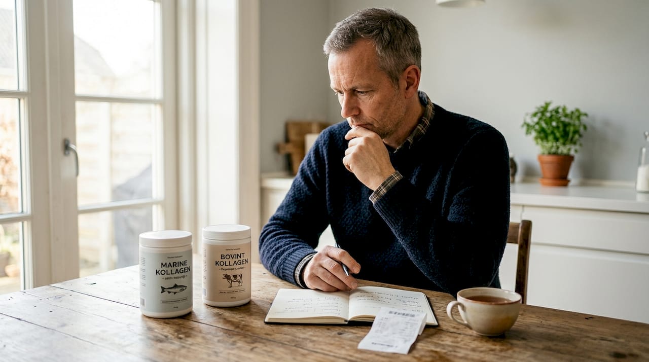 Mand sidder i stuen og sammenligner forskellige kollagenprodukter