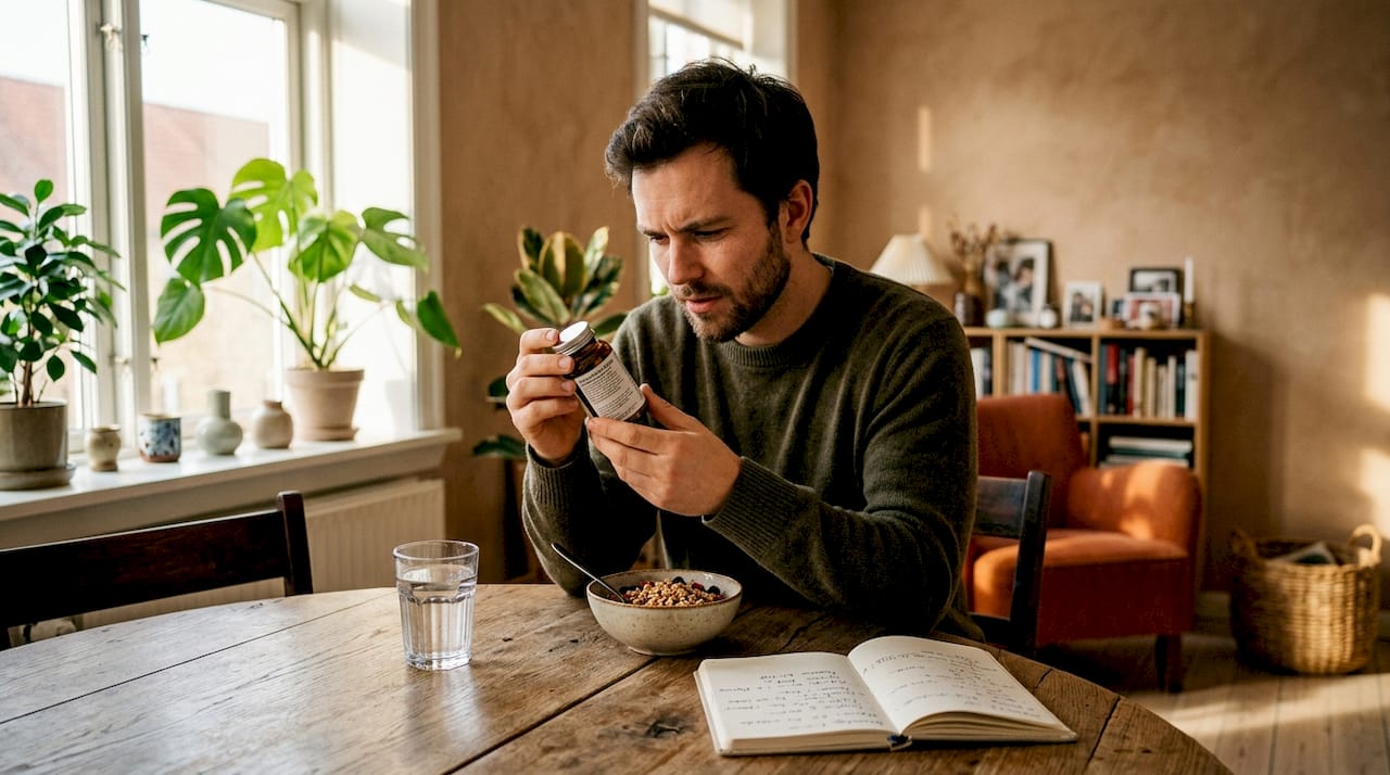 En mand sidder ved morgenbordet og studerer indholdsfortegnelsen på et glas vitaminer.