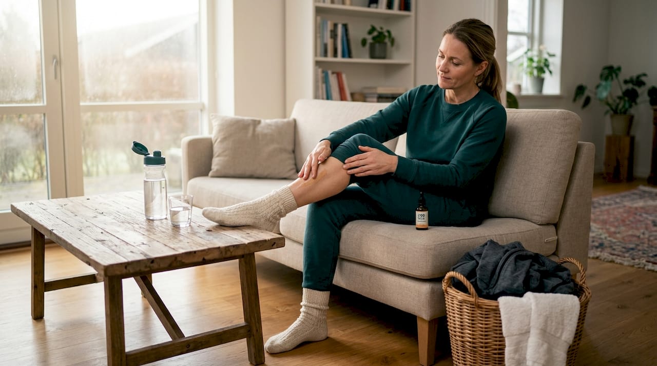 Efter træning smører en kvinde sine ben ind i CBD-olie for at lindre ømhed.