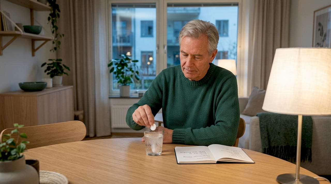 En äldre man tar sin dagliga magnesiumtablett vid köksbordet.