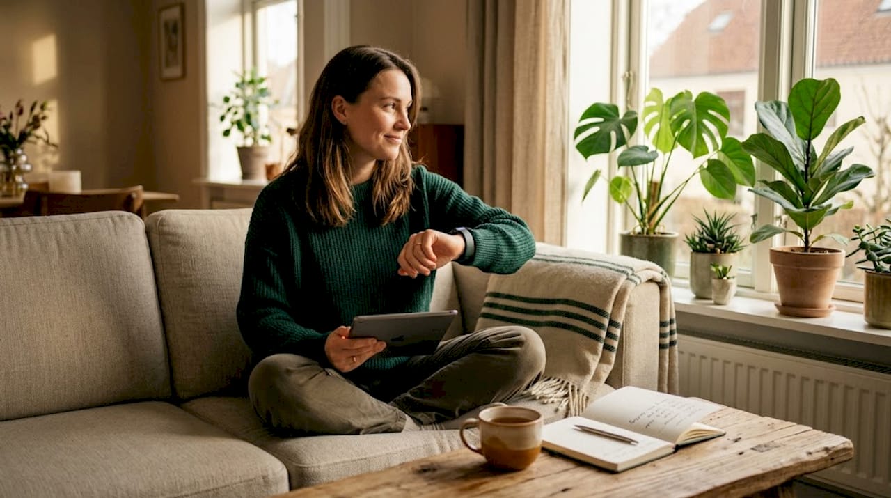 En kvinde sidder i sofaen og noterer dagens humør i sin dagbog.