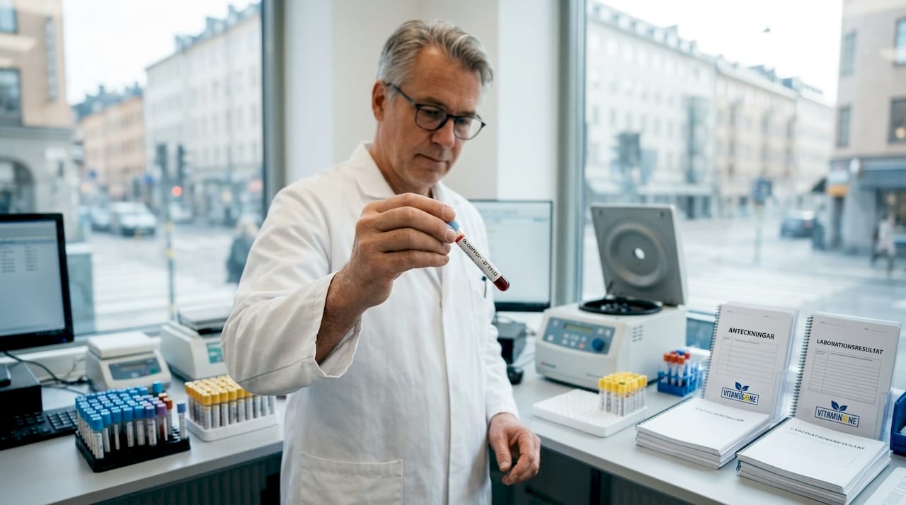 En biomedicinsk analytiker arbetar med ett blodprov i laboratoriet.