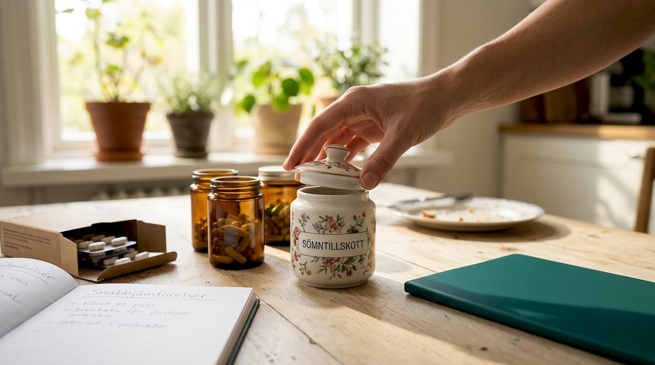 En hand håller upp olika burkar med kosttillskott för bättre sömn.