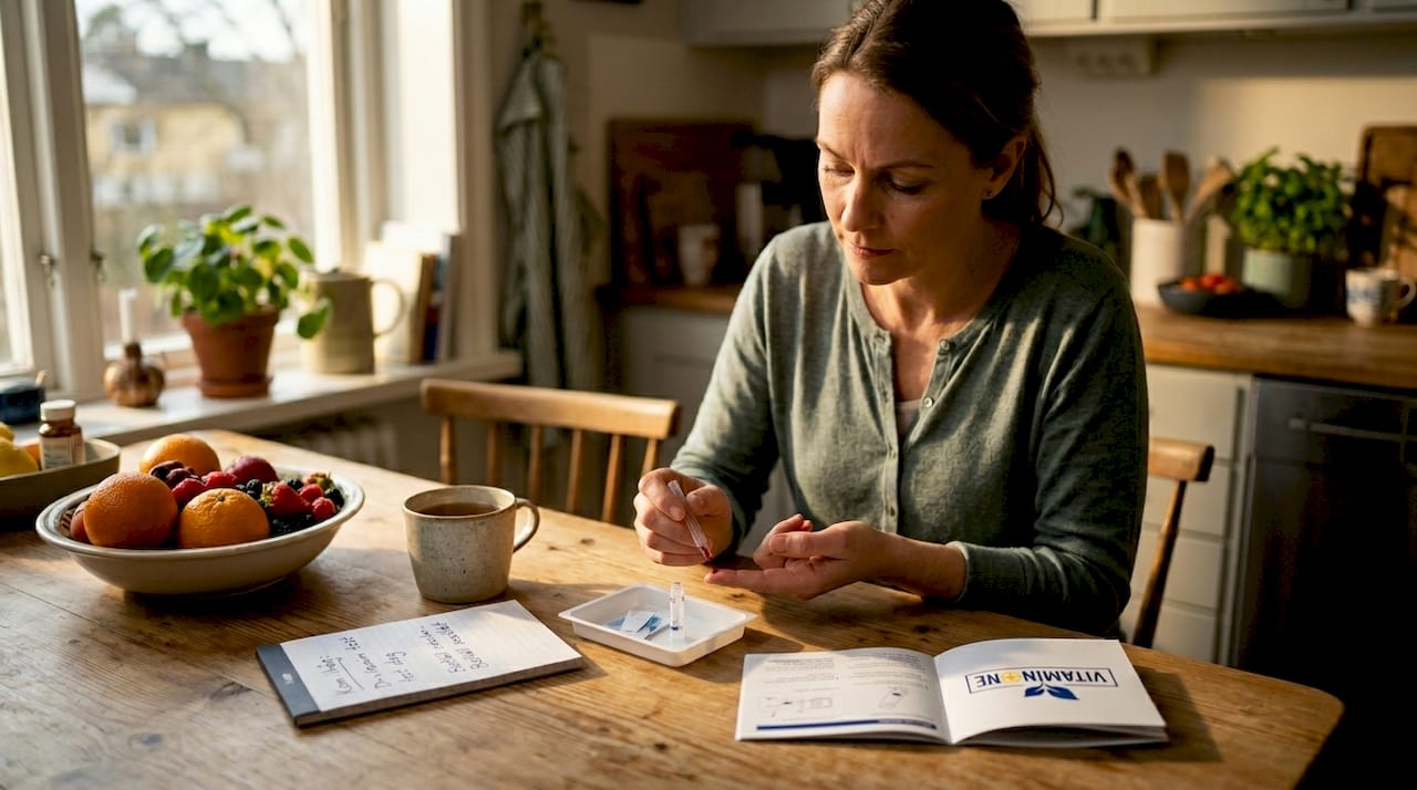 Kvinna gör ett blodprov för D-vitamin hemma