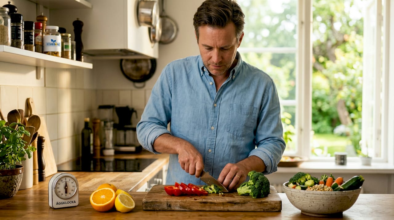 En man står i köket och förbereder grönsaker fulla av vitaminer.