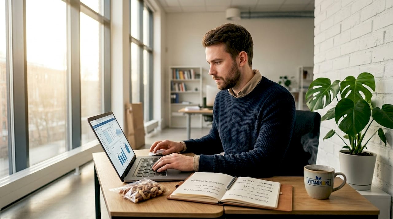 En man sitter vid sitt skrivbord och går noggrant igenom resultaten från en studie om curcumin.