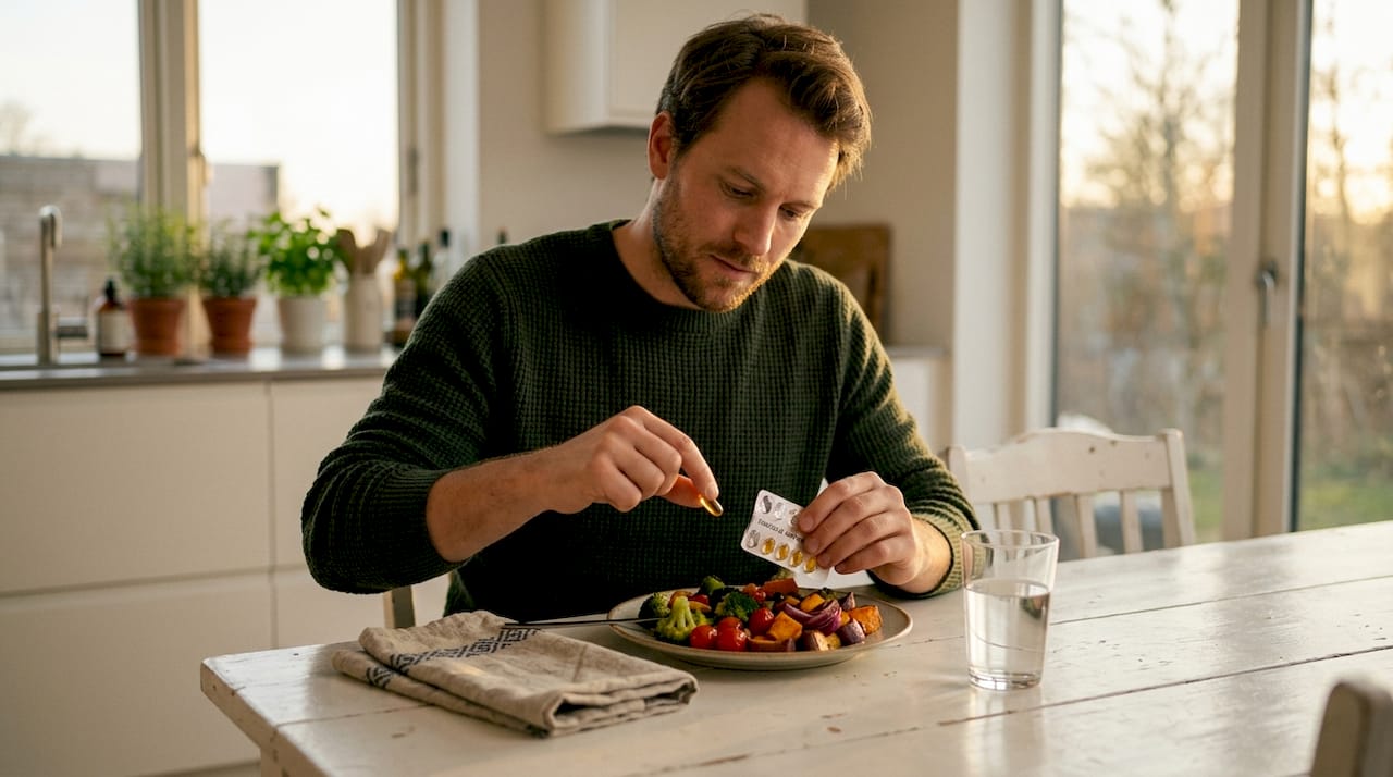 En mand tager sin daglige fiskeoliekapsel sammen med aftensmaden.