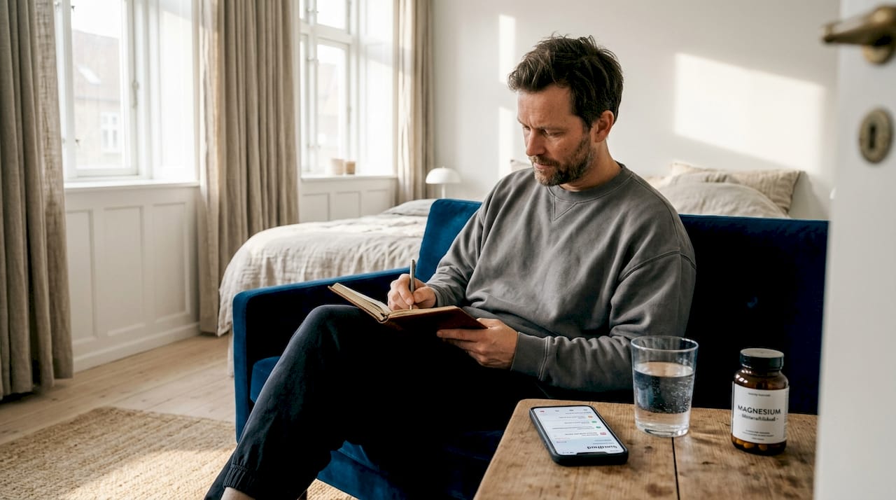En mand sidder hjemme i stuen og skriver ned, hvordan han tager magnesium hver dag.
