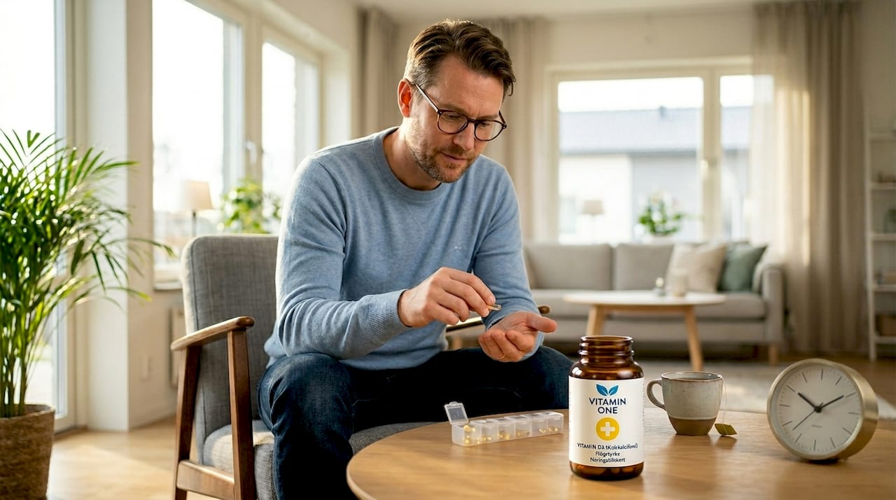 En man tar D-vitamintabletter hemma i vardagsrummet.