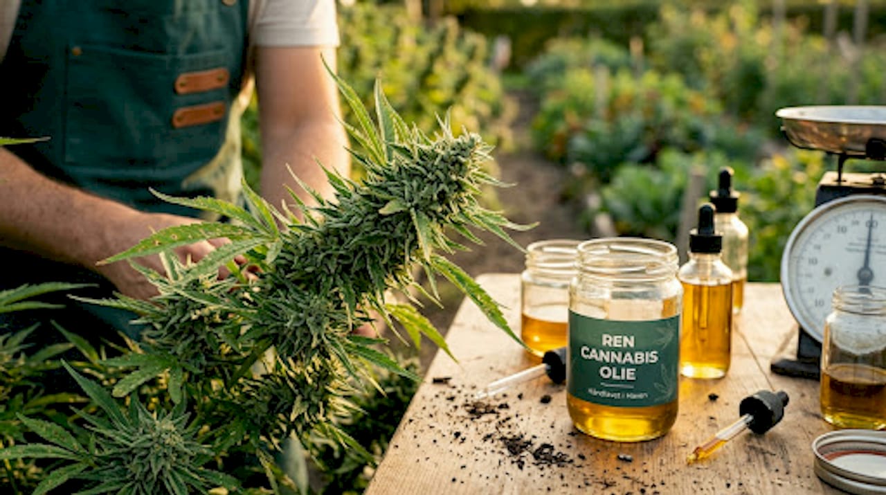 I drivhuset står cannabisplanterne side om side, mens udstyr til udvinding af CBD-olie er klar til brug.