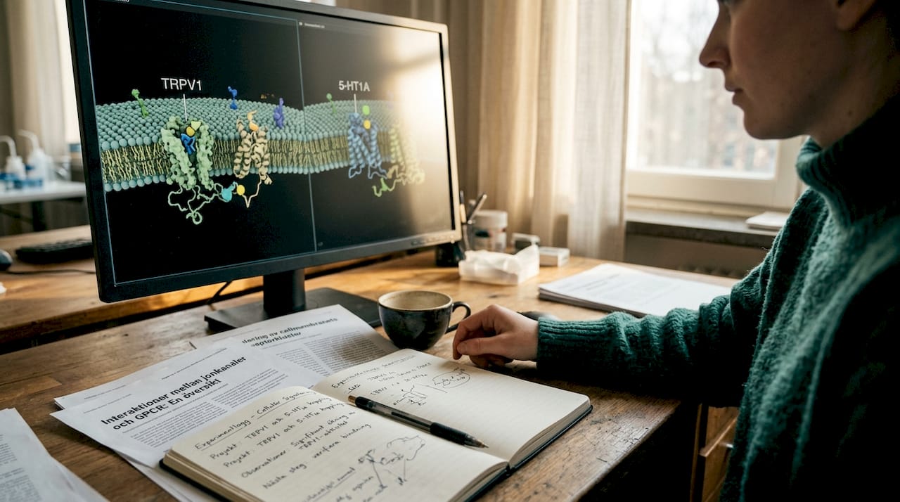 Arbetsyta med modeller av cellreceptorer och anteckningar