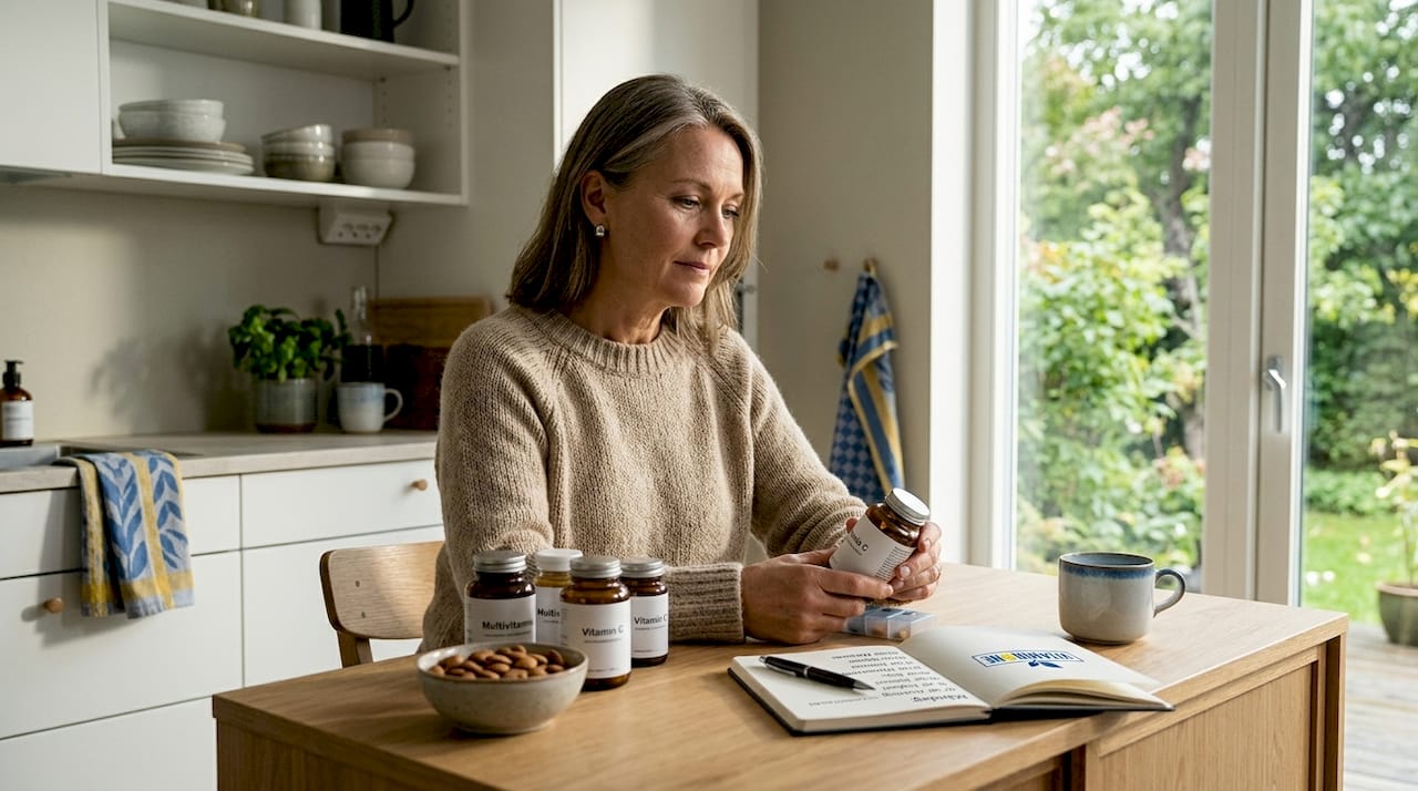 Morgonrutinen med vitaminer uppdukad på nattduksbordet