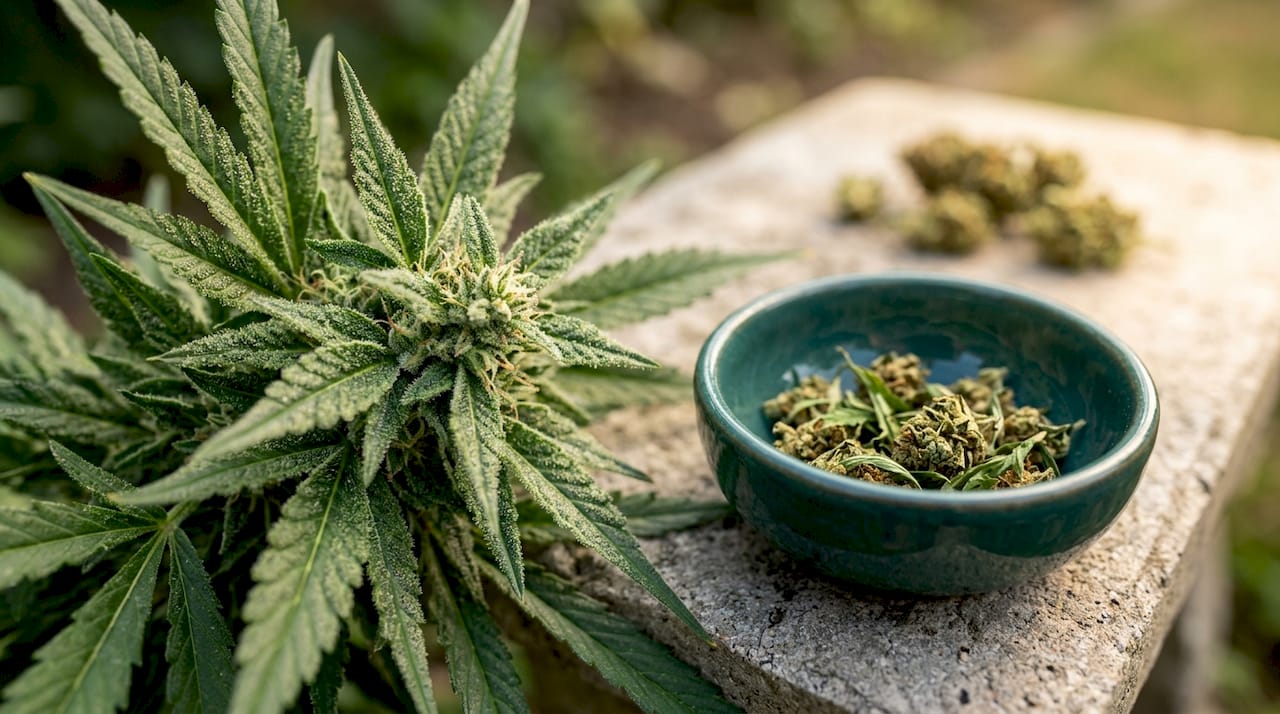 Närbild på hampaplantans knoppar och de aktiva ämnena, så kallade cannabinoider.