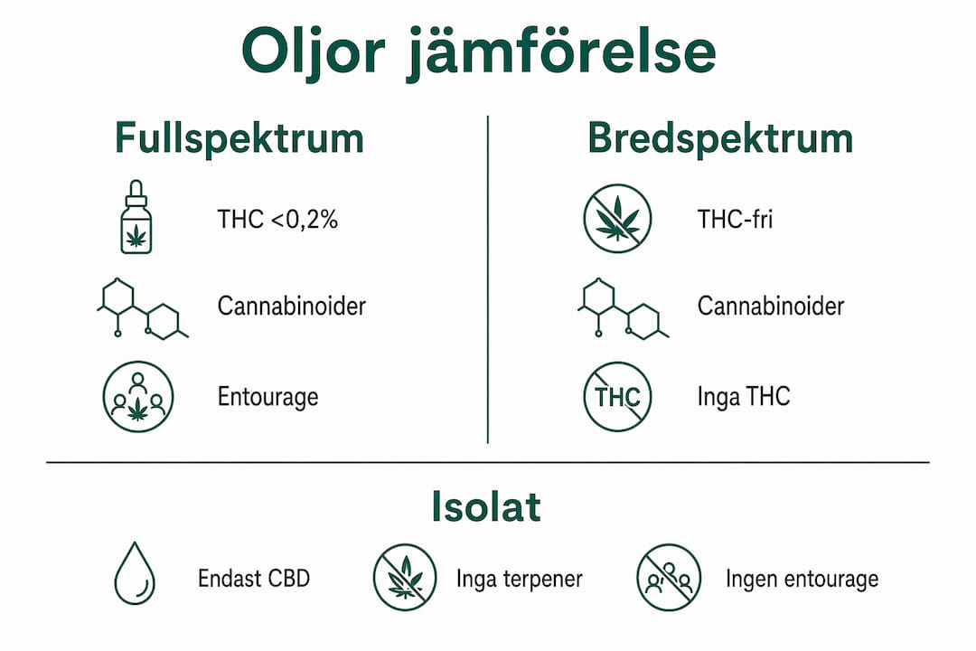 Illustration som visar skillnaderna mellan fullspektrum-, bredspektrum- och isolat-oljor