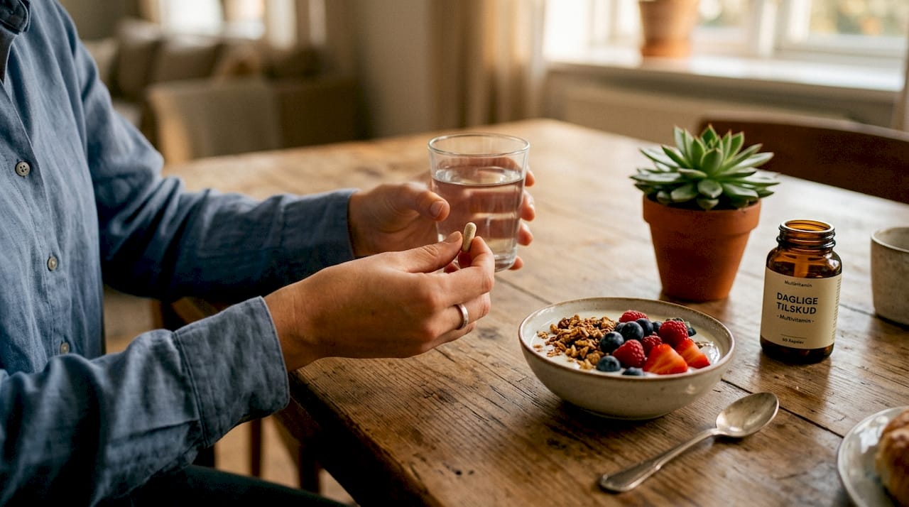 En person står i køkkenet og holder en pille i den ene hånd og et glas vand i den anden.
