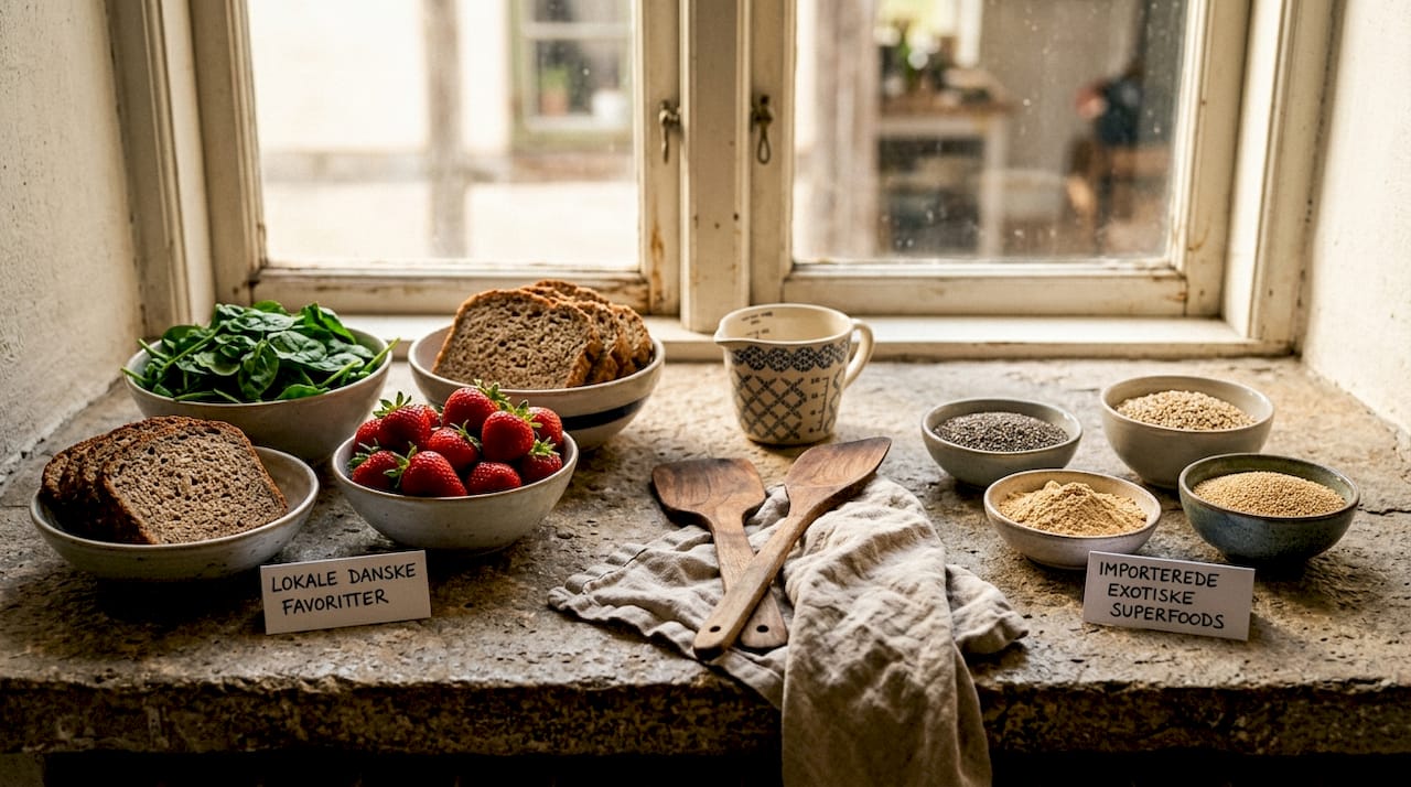 Et udvalg af både danske og internationale superfoods præsenteret på bordet