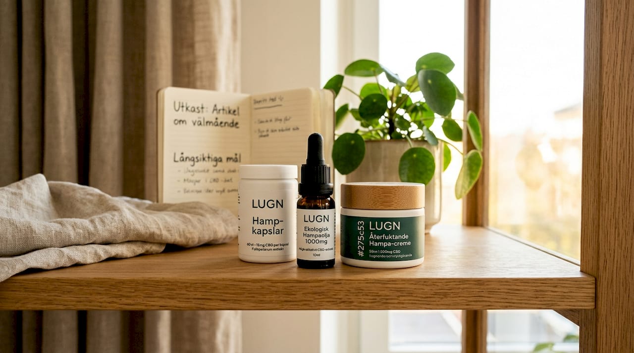 Olika CBD-produkter uppställda på en hylla i trä