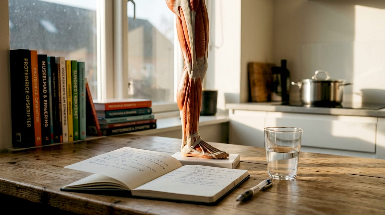 Kostvejlederens studieplads med muskelmodel og noter