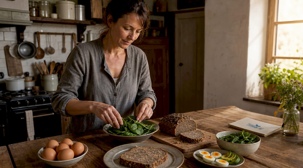 Exempel på livsmedel rika på B-vitaminer, upplagda på en skärbräda