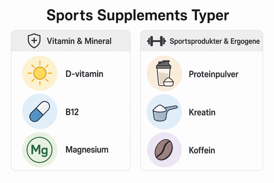 Oversigtsgrafik, der viser de mest populære typer kosttilskud til sport