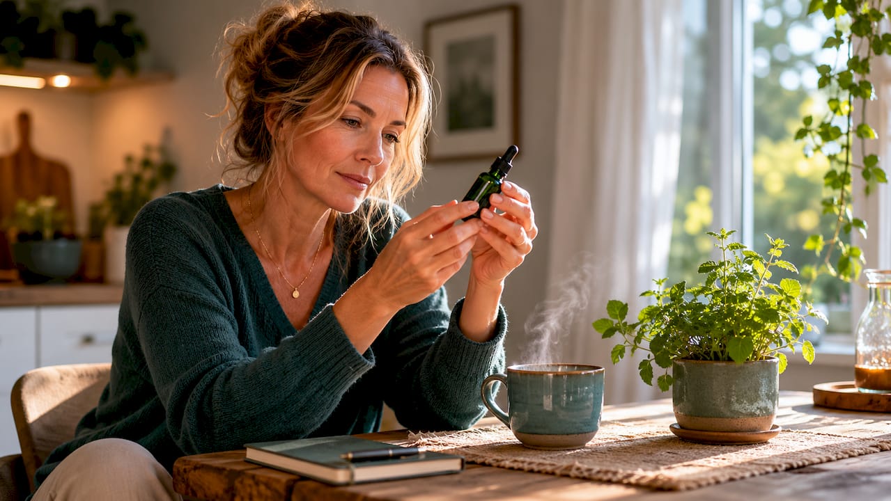 Närbild på händer som droppar vegansk CBD-olja