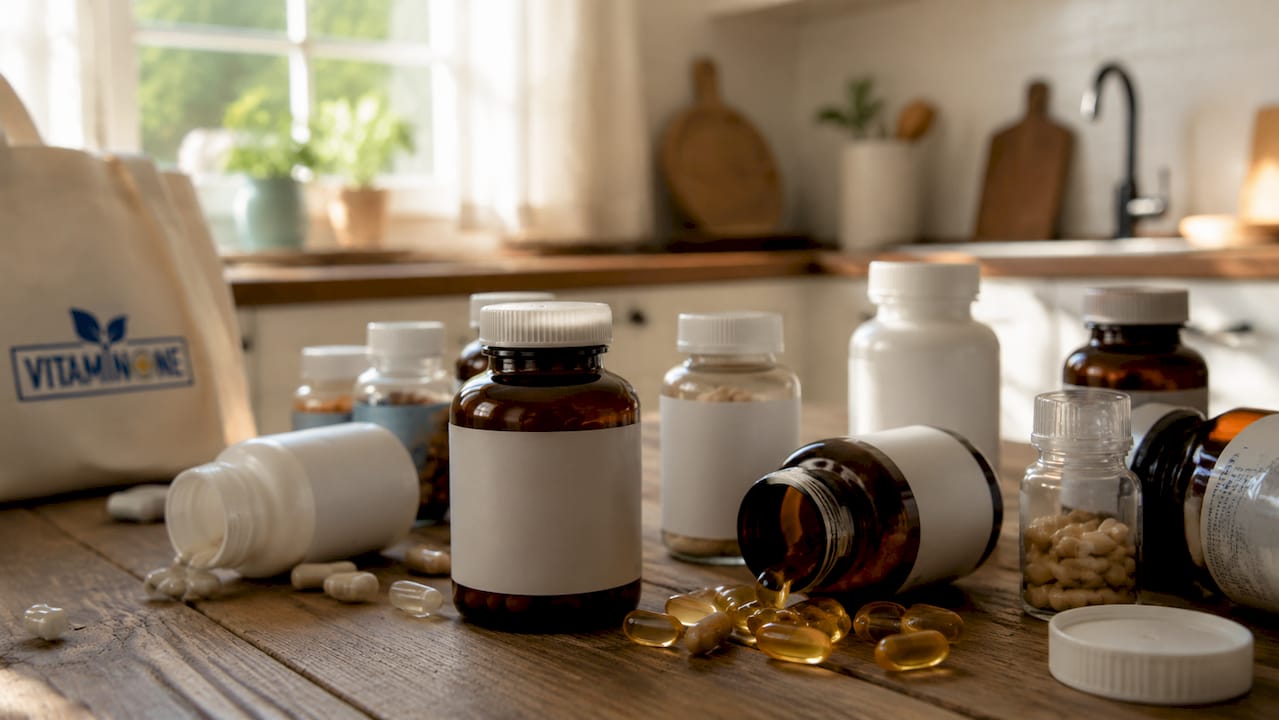 Närbild på vitamintabletter och kosttillskott som är bra för lederna