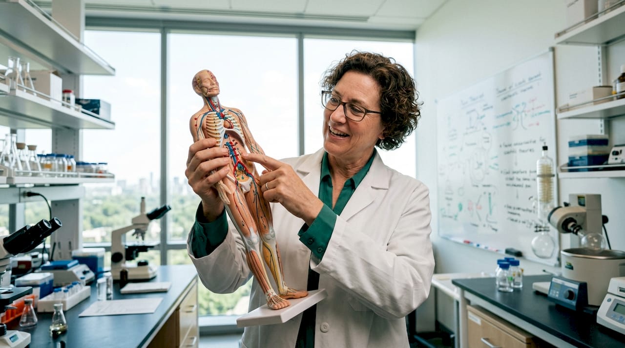 På bilden syns händer som håller en anatomisk modell av det endocannabinoida systemet.