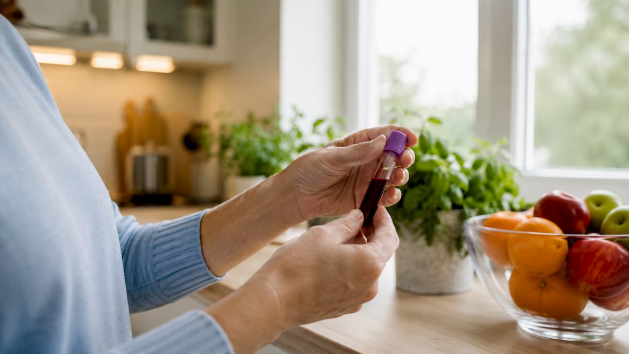 Händer som håller ett provrör med blod och en mobiltelefon med hälsodata