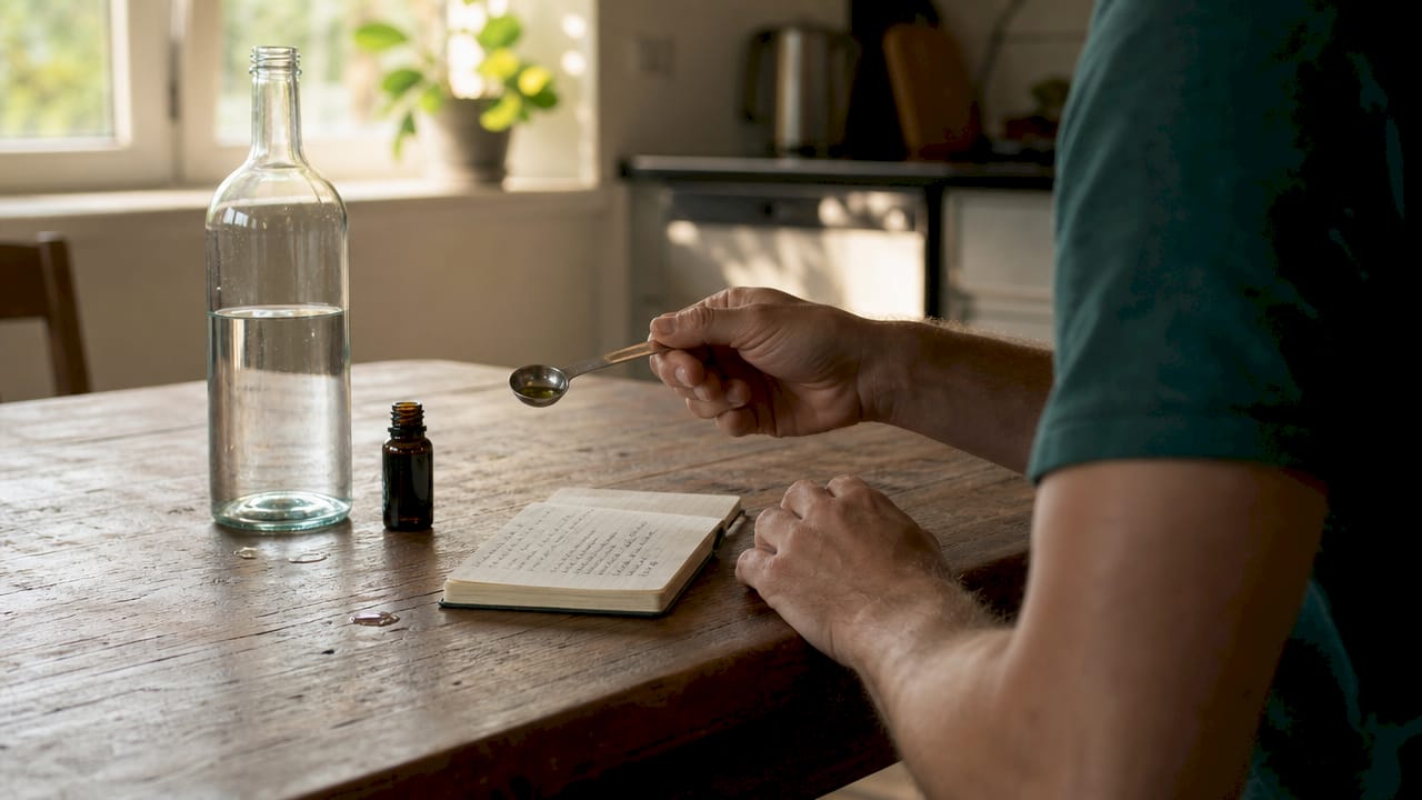 Nærbillede af hænder, der doserer CBD-olie ved bordet