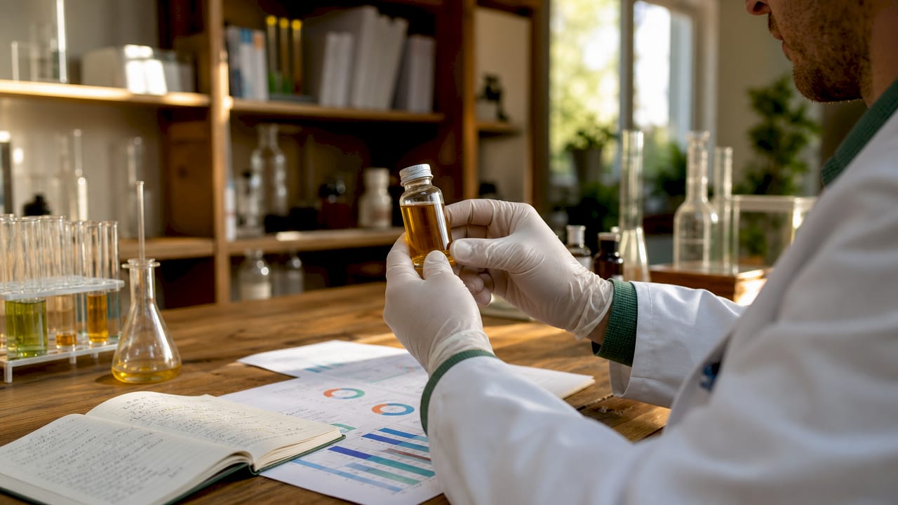 En forsker undersøger et glas med CBD i laboratoriet.