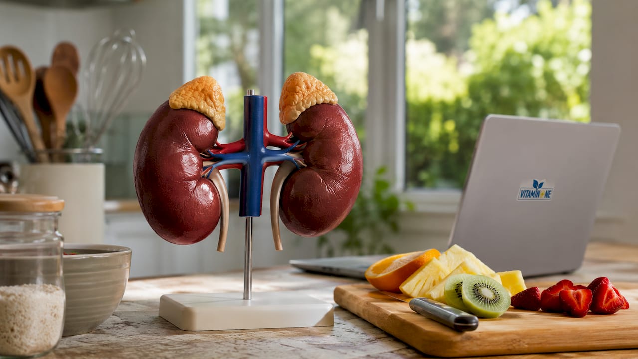 En anatomisk modell av binjurarna står placerad på skrivbordet.