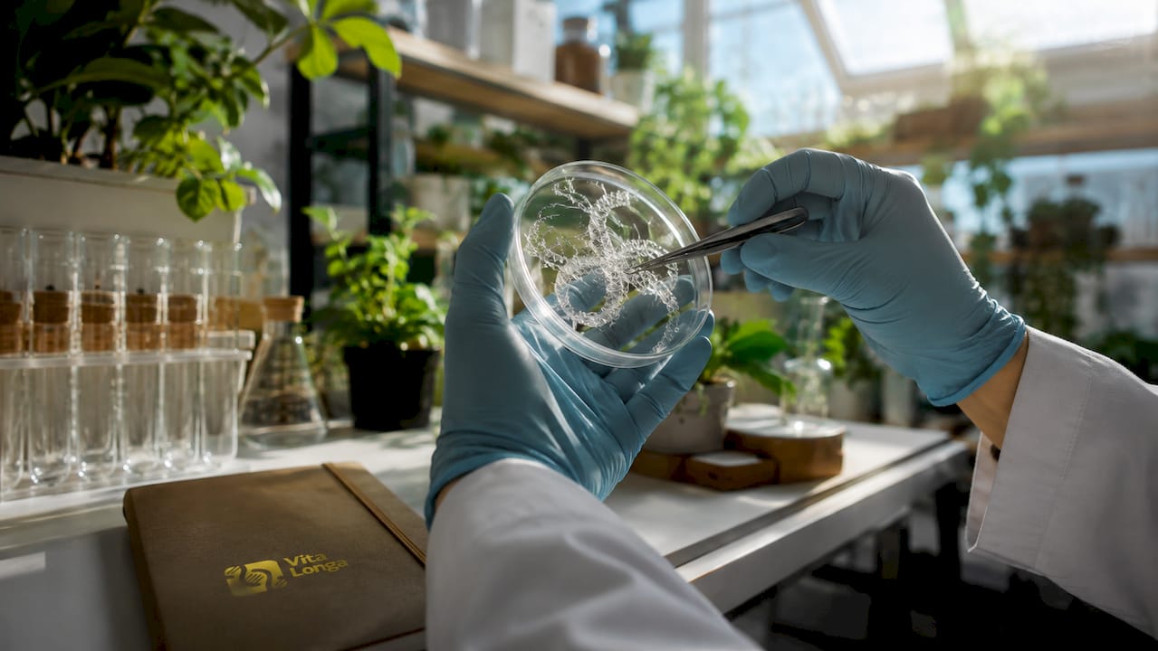 Nærbillede af hænder, der arbejder med DNA-strenge i et laboratorium