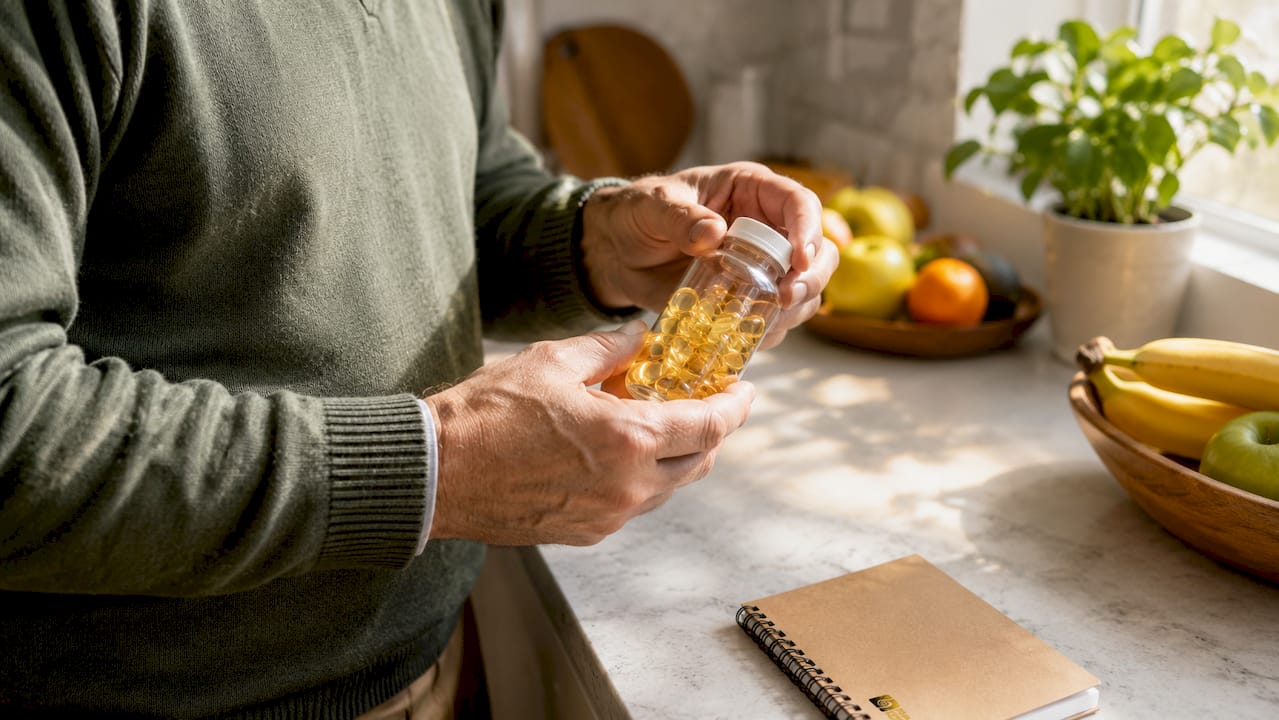 Et par hænder, der holder et glas med Omega-3 kosttilskud