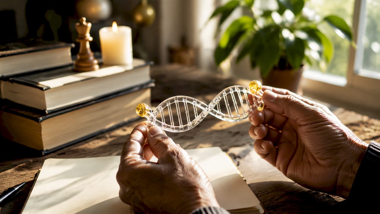 Hænder der holder en DNA-model, hvor telomererne tydeligt kan ses