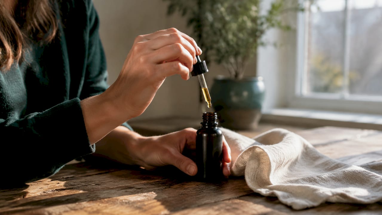 En hånd holder en lille flaske med CBD-olie helt tæt på kameraet
