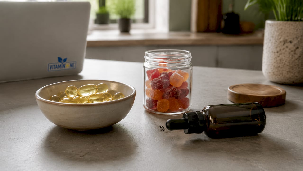 Olika typer av vitamintillskott står framme på köksbänken.