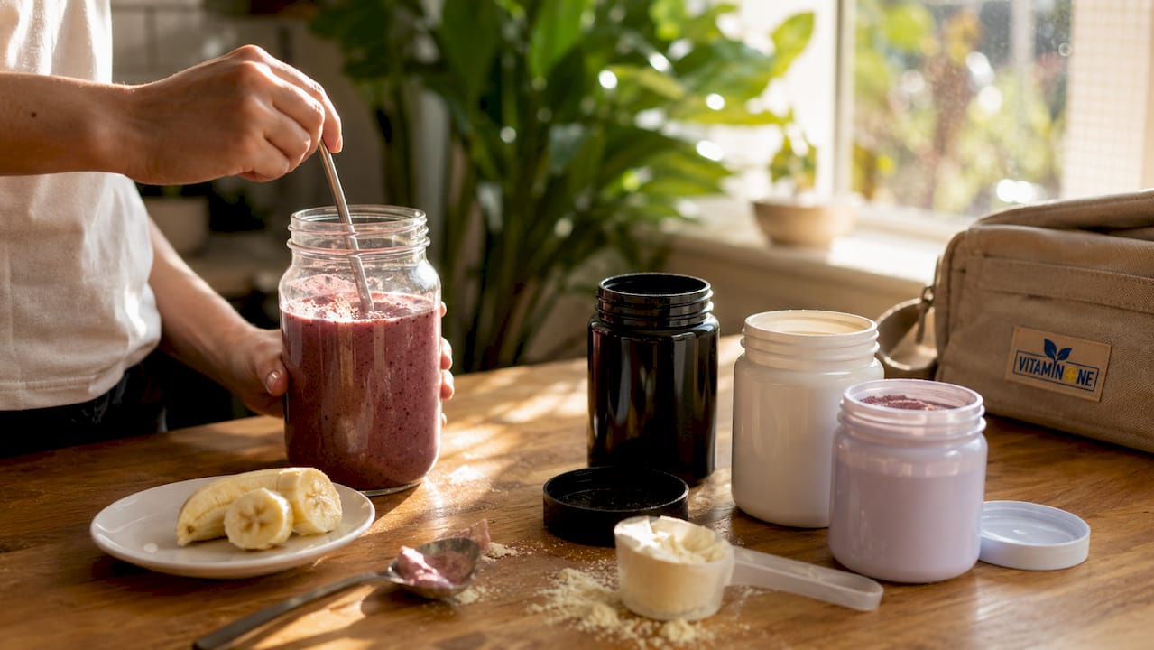 Närbild på en hand som förbereder en smoothie genom att tillsätta olika pulver med kosttillskott.