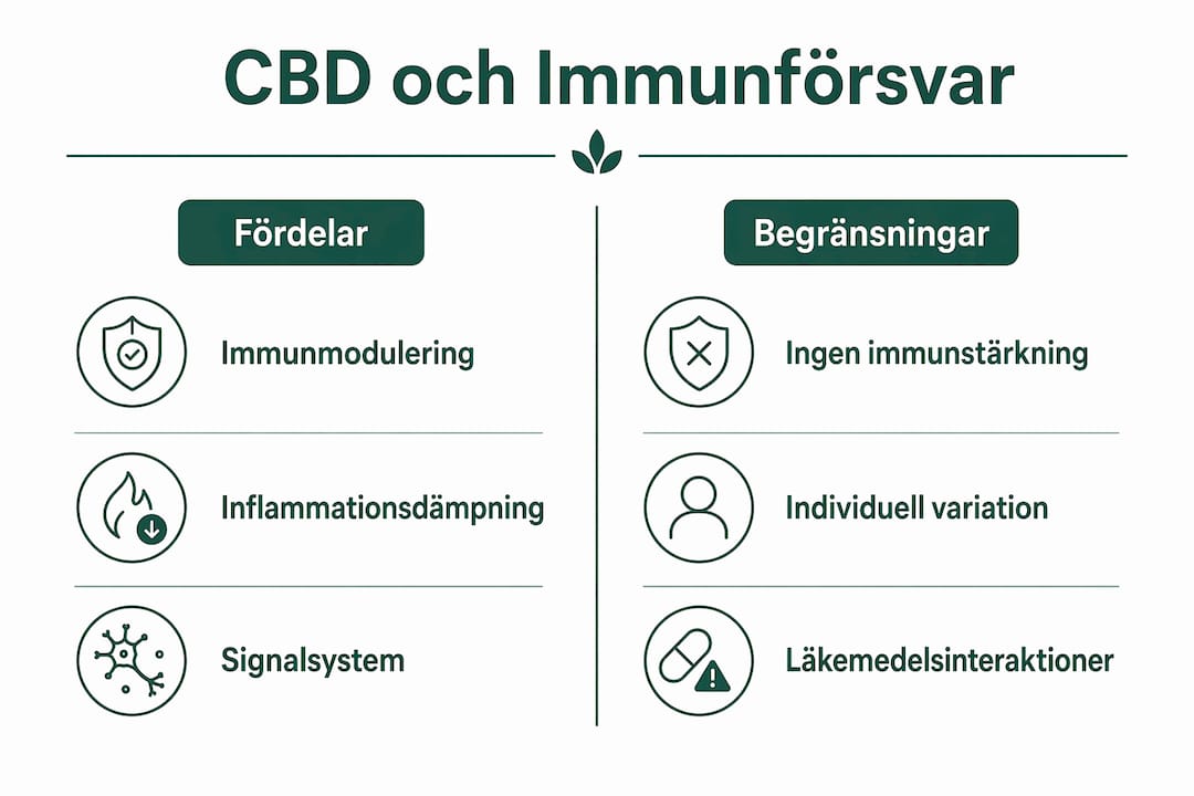 En överskådlig infografik som belyser både möjligheter och begränsningar med CBD och dess påverkan på immunförsvaret
