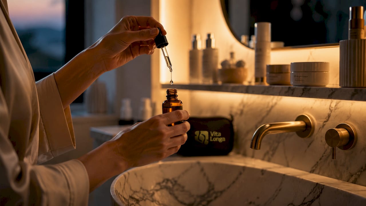 Hænder, der holder en pipette med retinaldehyd-serum