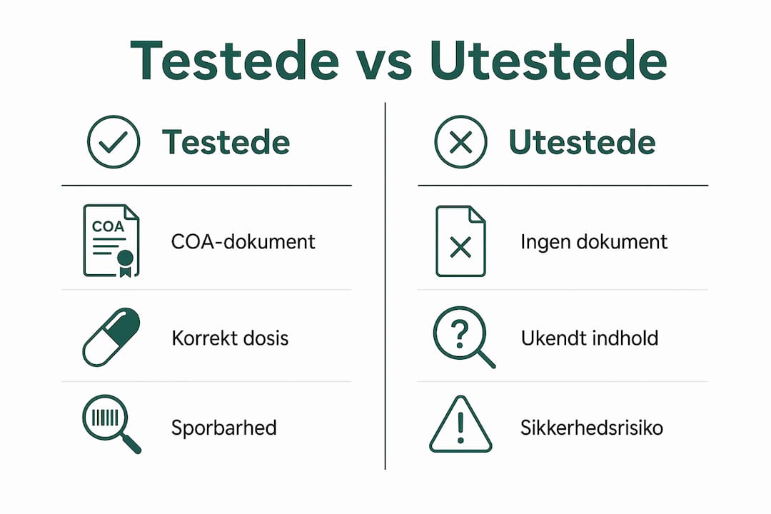 Grafik, der tydeligt illustrerer forskellene på kosttilskud, der er blevet testet, og dem der ikke er.
