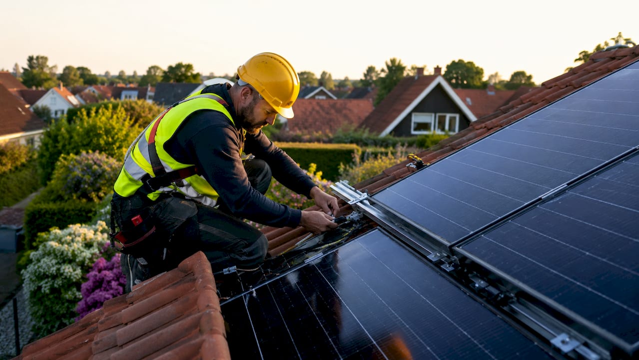 Montør i gang med at sætte solceller op på taget