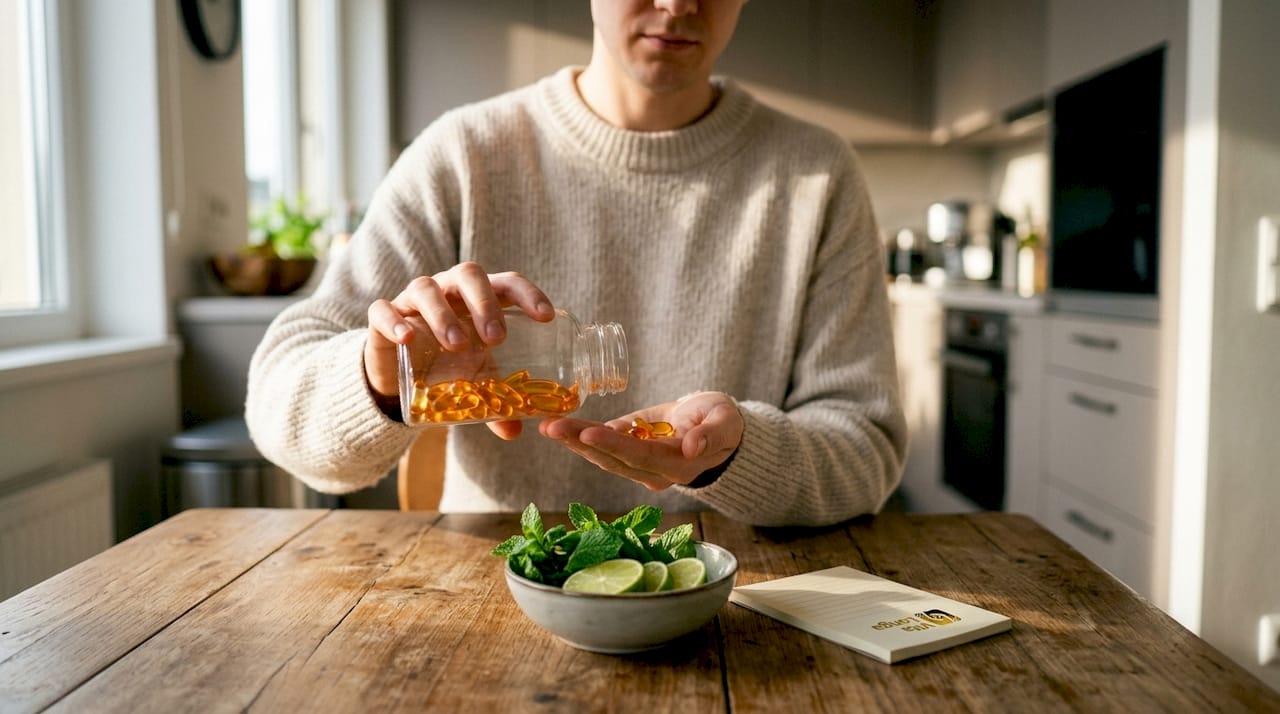 Et par hænder holder fiskeolie-kapsler med omega-3 over køkkenbordet.
