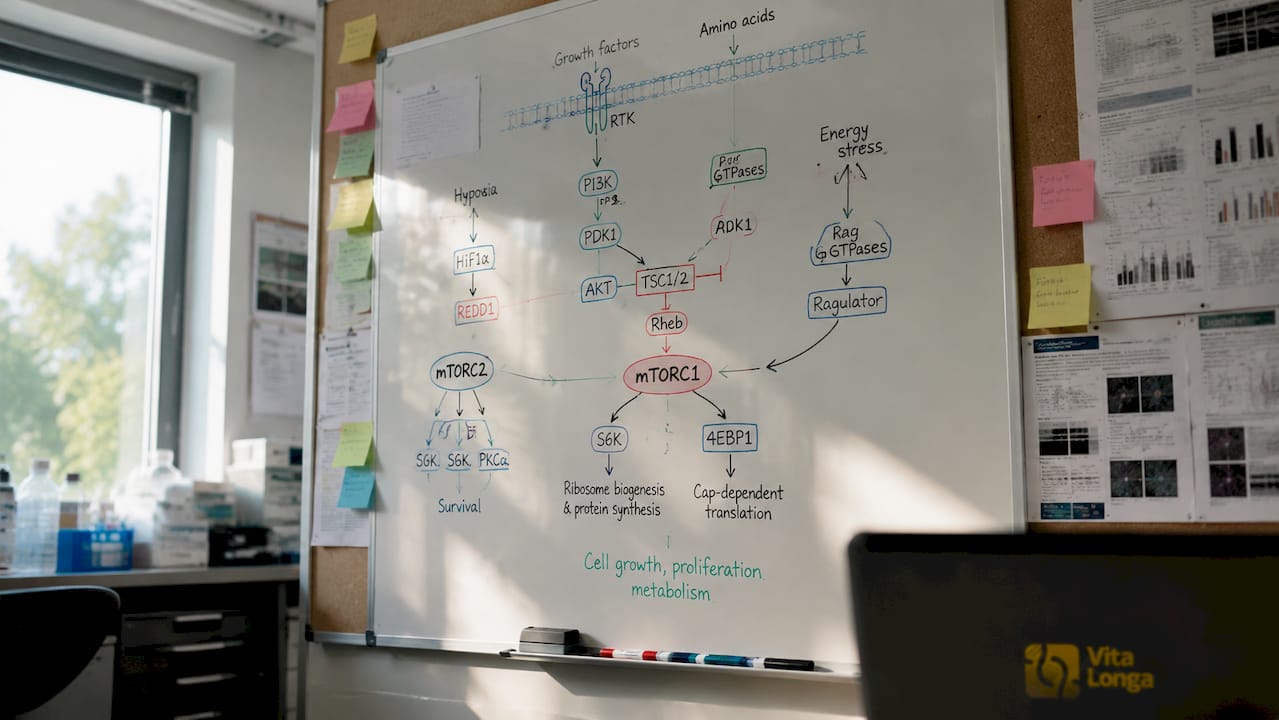 Whiteboard med tegning af mTOR-signalvejen