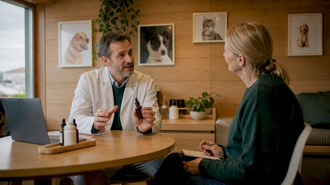 En veterinär ger råd till en djurägare om hur lugnande oljor kan hjälpa husdjuret att slappna av.